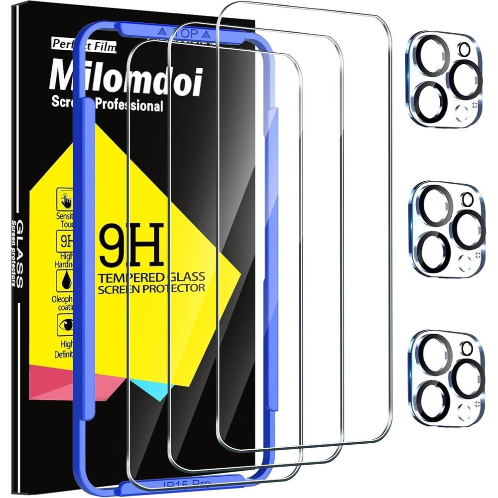 Milomdoi 3 Pack Screen Protector for Apple iPhone 15 Pro with 3 Pk Tempered Glas